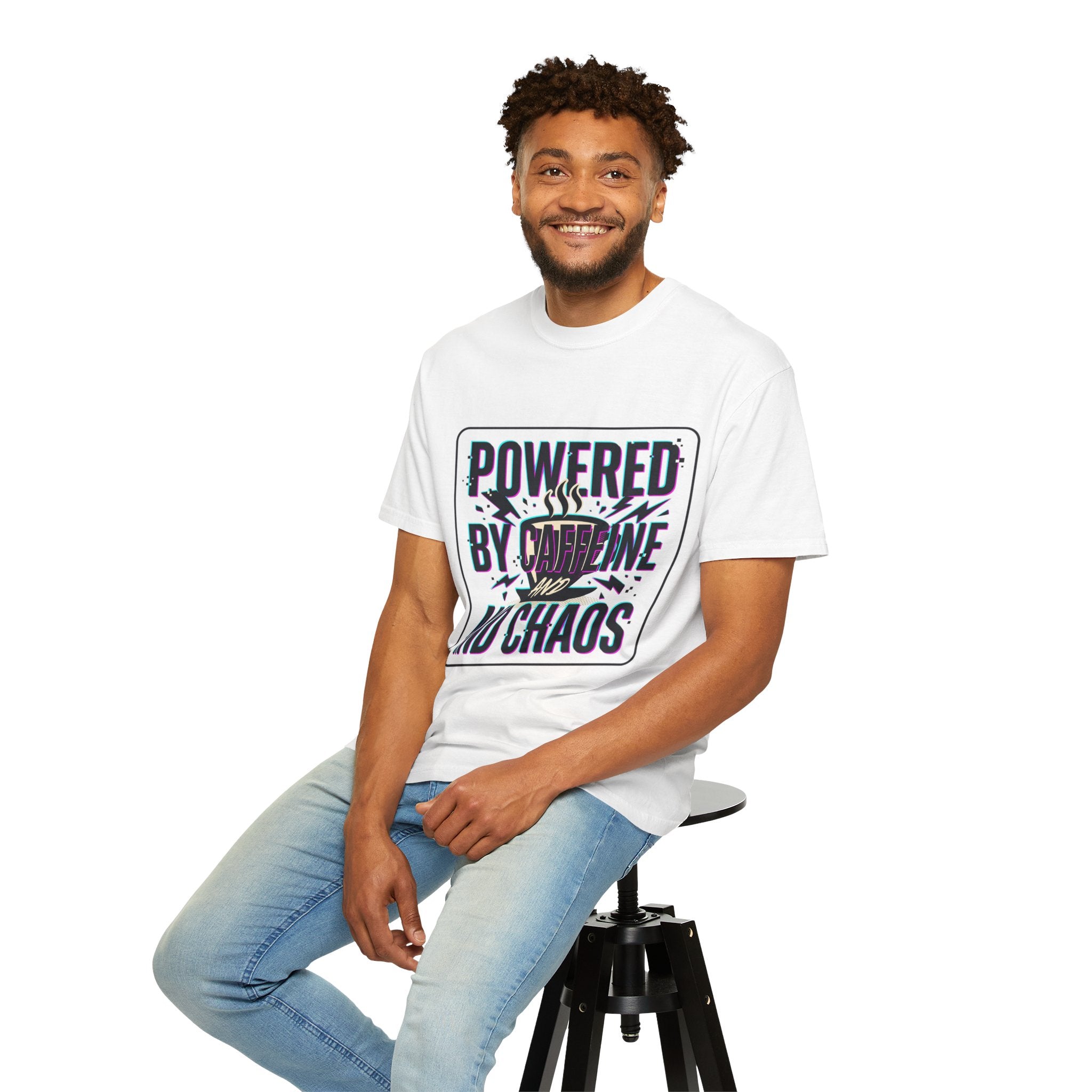 Powered by Caffeine and Chaos T-Shirt | Coffee Humor Tee