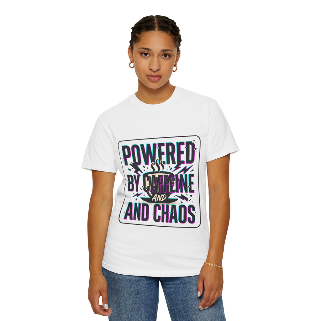Powered by Caffeine and Chaos T-Shirt | Coffee Humor Tee