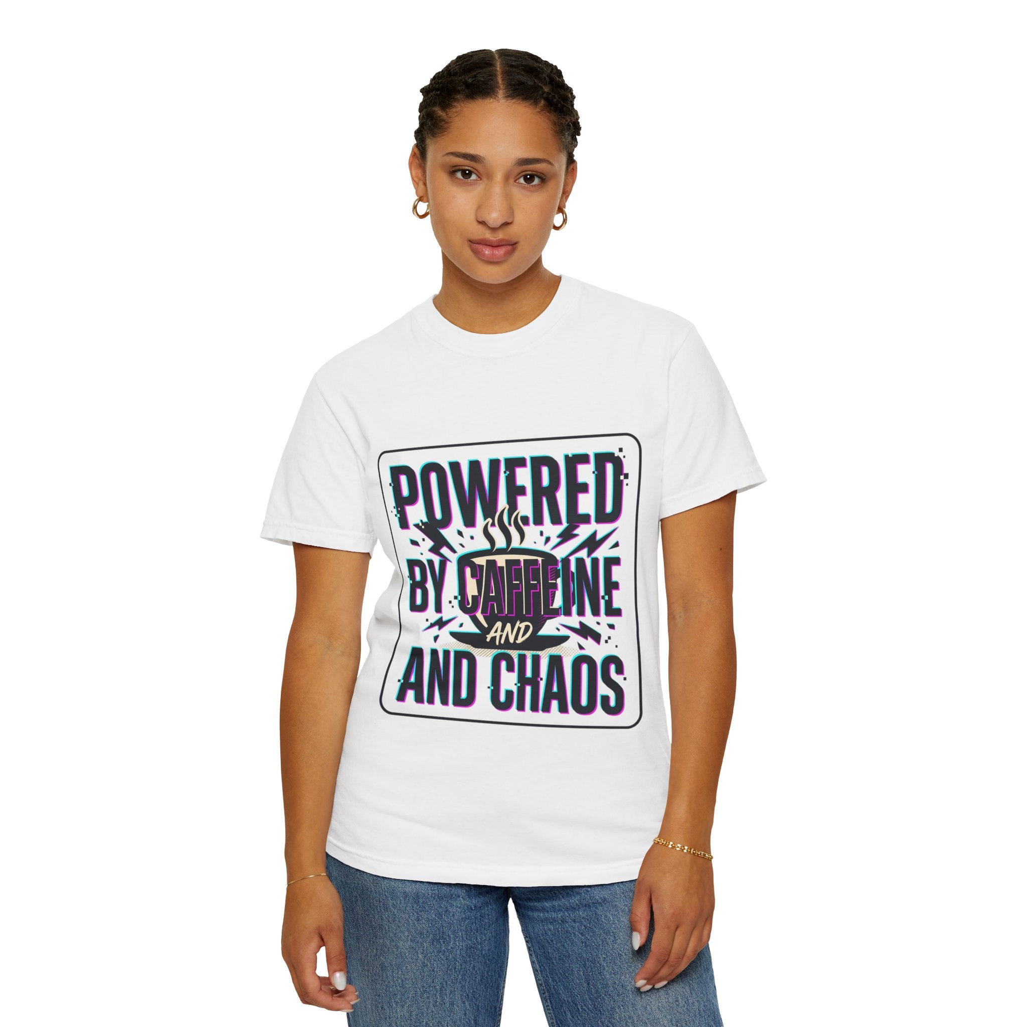 Powered by Caffeine and Chaos T-Shirt | Coffee Humor Tee